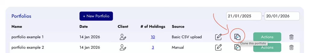 Diversiview dashboard screenshot example showing the ability to clone a portfolio